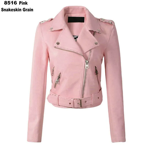 2018 New Autumn Winter Women Motorcycle Faux Leather Jackets Lady Biker PU Zipper Snakeskin Grain Outerwear Coat with Belt Hot