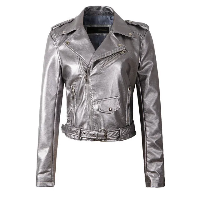 2018 New Autumn Winter Women Motorcycle Faux Leather Jackets Lady Biker PU Zipper Snakeskin Grain Outerwear Coat with Belt Hot