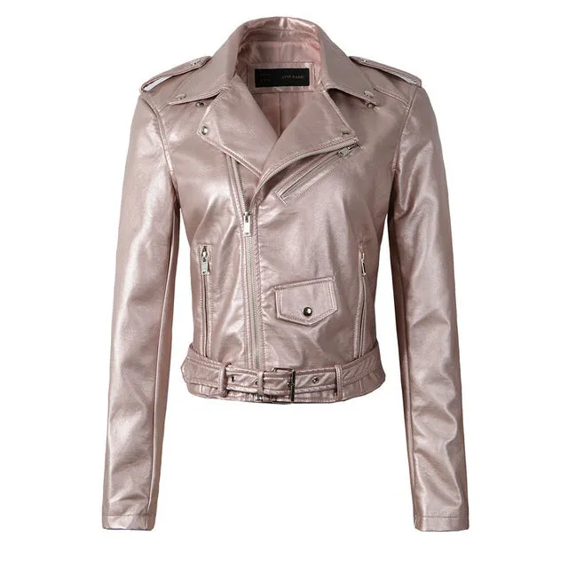 2018 New Autumn Winter Women Motorcycle Faux Leather Jackets Lady Biker PU Zipper Snakeskin Grain Outerwear Coat with Belt Hot