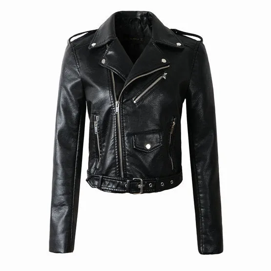 2018 New Autumn Winter Women Motorcycle Faux Leather Jackets Lady Biker PU Zipper Snakeskin Grain Outerwear Coat with Belt Hot