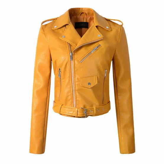 2018 New Autumn Winter Women Motorcycle Faux Leather Jackets Lady Biker PU Zipper Snakeskin Grain Outerwear Coat with Belt Hot