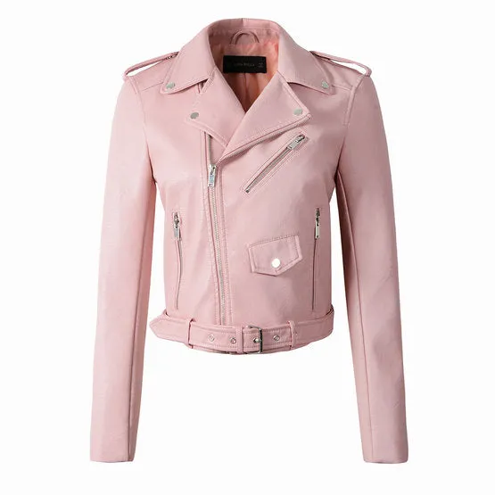 2018 New Autumn Winter Women Motorcycle Faux Leather Jackets Lady Biker PU Zipper Snakeskin Grain Outerwear Coat with Belt Hot