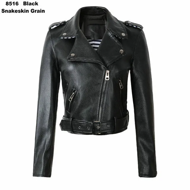 2018 New Autumn Winter Women Motorcycle Faux Leather Jackets Lady Biker PU Zipper Snakeskin Grain Outerwear Coat with Belt Hot