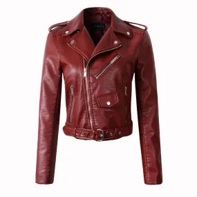2018 New Autumn Winter Women Motorcycle Faux Leather Jackets Lady Biker PU Zipper Snakeskin Grain Outerwear Coat with Belt Hot