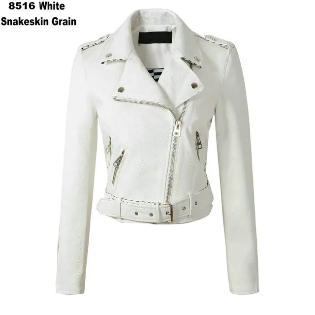 2018 New Autumn Winter Women Motorcycle Faux Leather Jackets Lady Biker PU Zipper Snakeskin Grain Outerwear Coat with Belt Hot