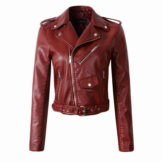 2018 New Autumn Winter Women Motorcycle Faux Leather Jackets Lady Biker PU Zipper Snakeskin Grain Outerwear Coat with Belt Hot