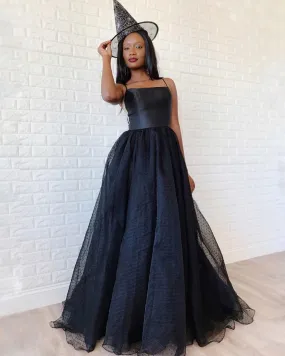 A-Line Dark Navy Tulle Spaghetti Straps Scoop Prom Evening Dress JKR321