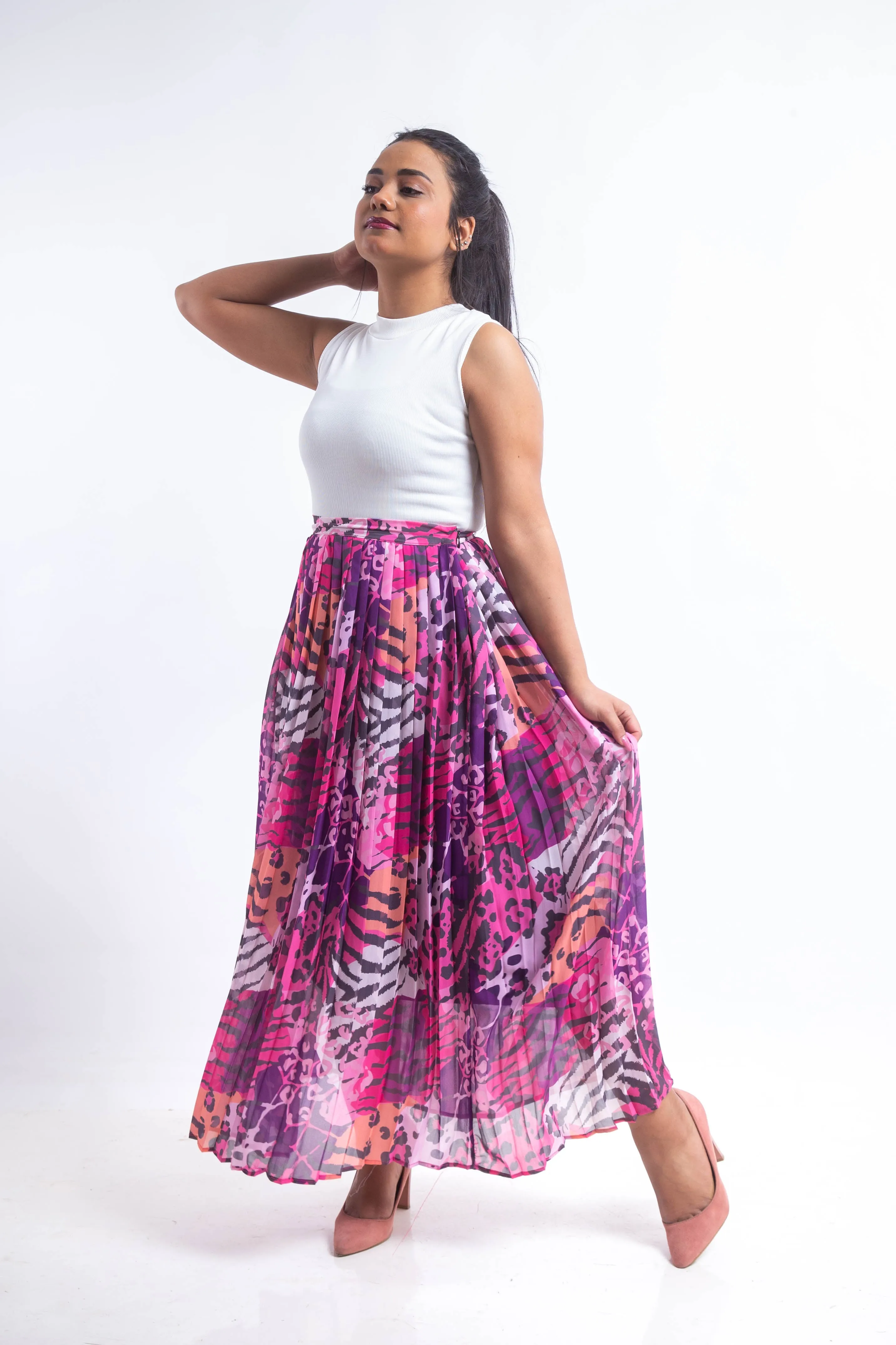 Animal print chiffon pleated Skirt - Pink
