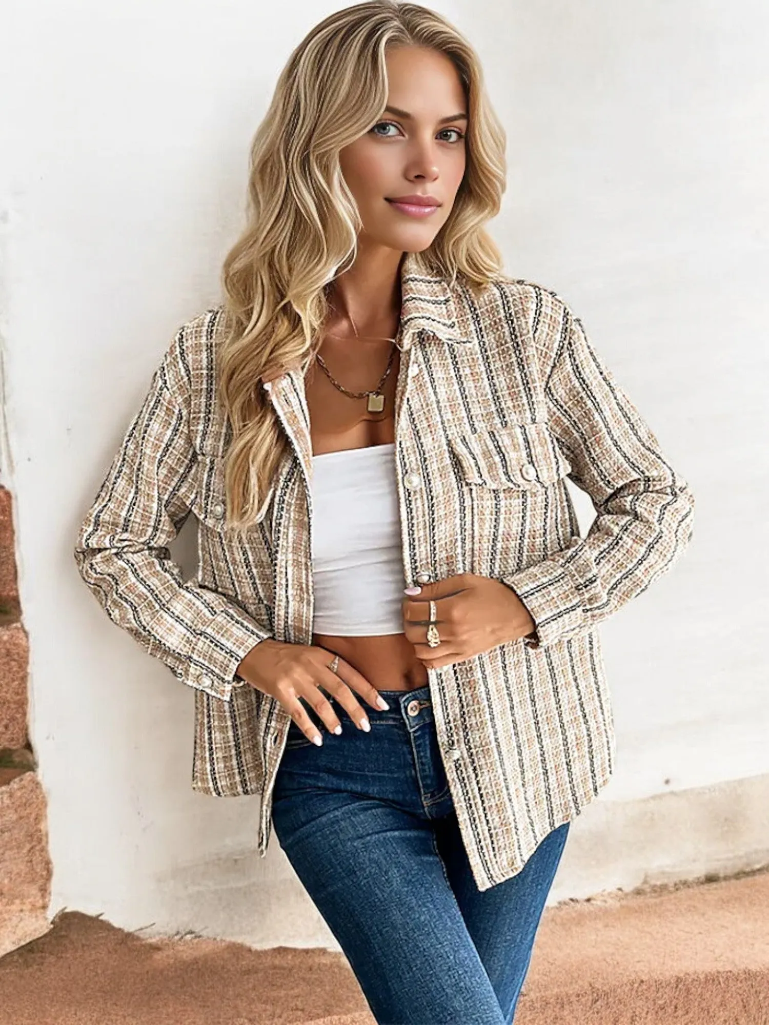 Anna-Kaci Women's Striped Button-Up Shacket with Chest Pocket and Long Sleeves