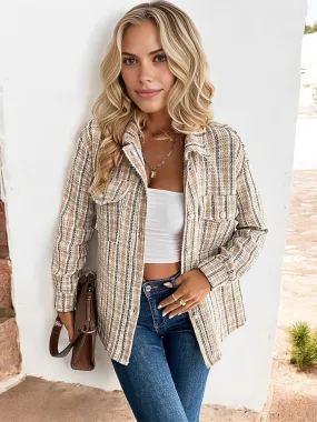 Anna-Kaci Women's Striped Button-Up Shacket with Chest Pocket and Long Sleeves