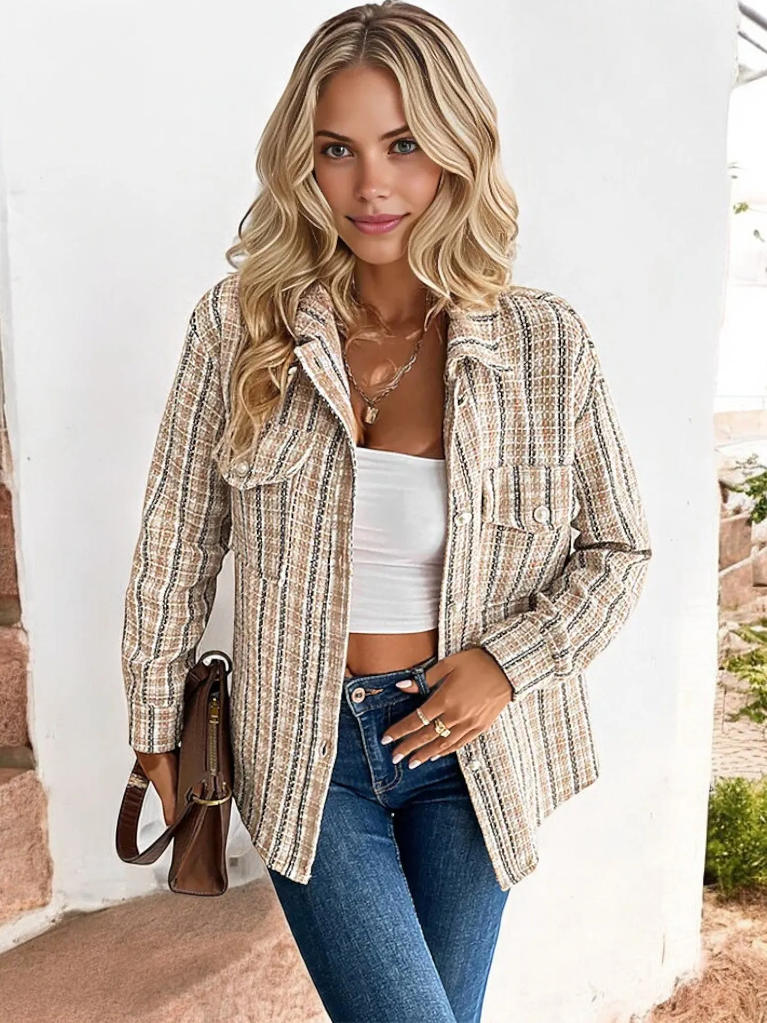 Anna-Kaci Women's Striped Button-Up Shacket with Chest Pocket and Long Sleeves