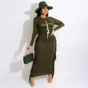 Beautiful Green FAITH Logo Long Sleeve Fringe Maxi Dress
