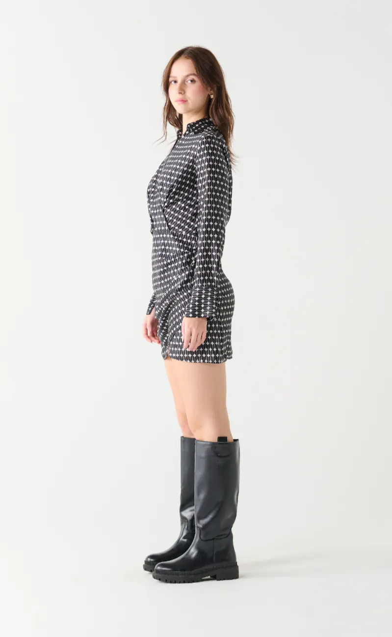 Black tape ruched satin wrap dress
