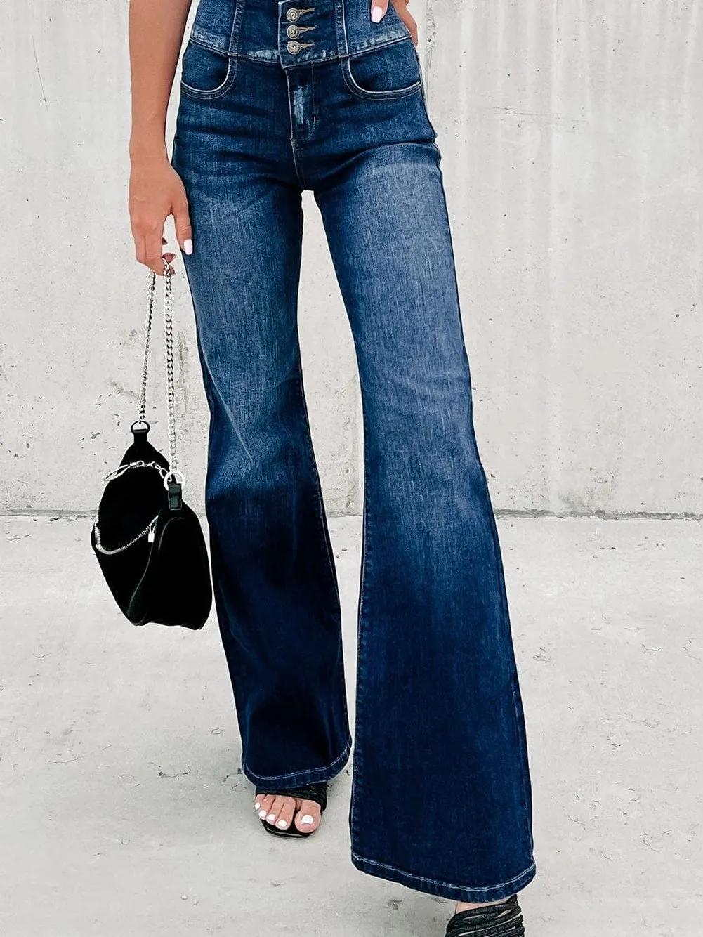 Blue Denim High-Waist Flare Jeans with Elastic Waistband
