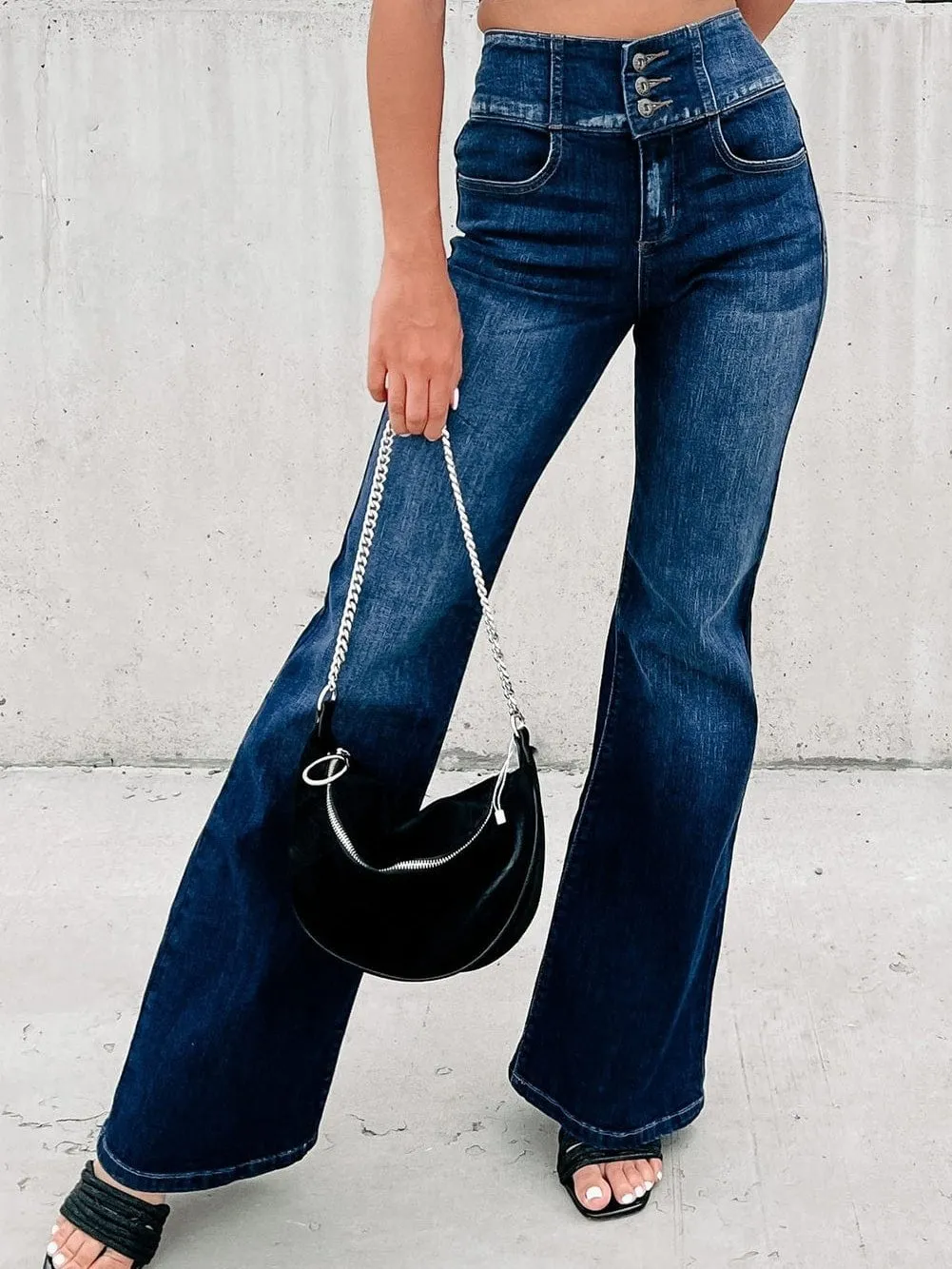 Blue Denim High-Waist Flare Jeans with Elastic Waistband