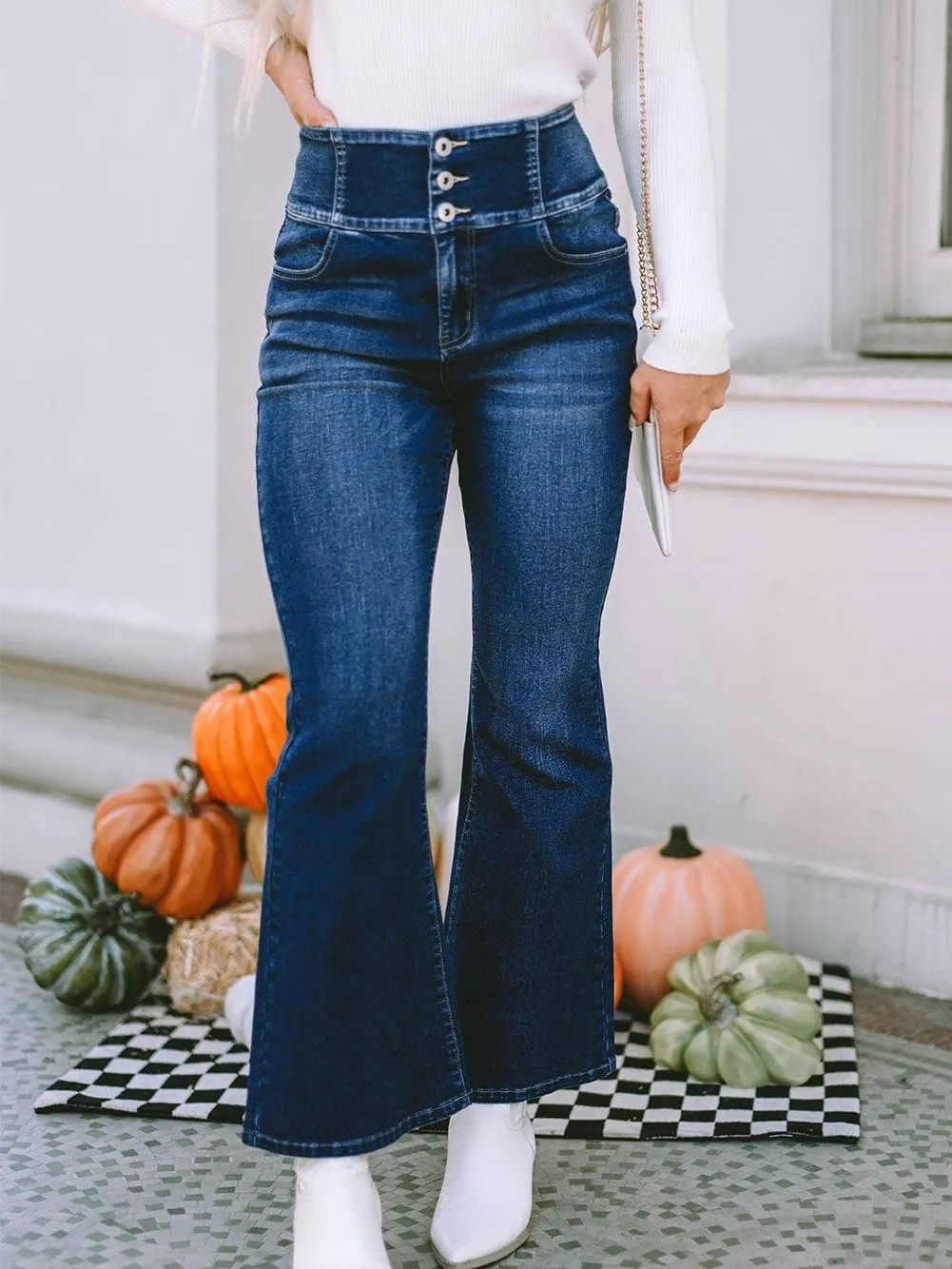 Blue Denim High-Waist Flare Jeans with Elastic Waistband
