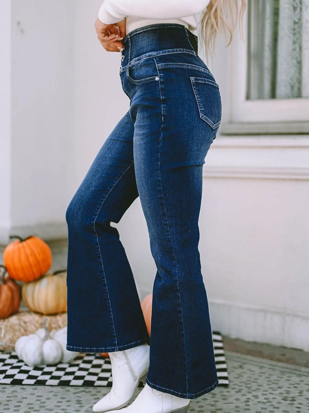 Blue Denim High-Waist Flare Jeans with Elastic Waistband