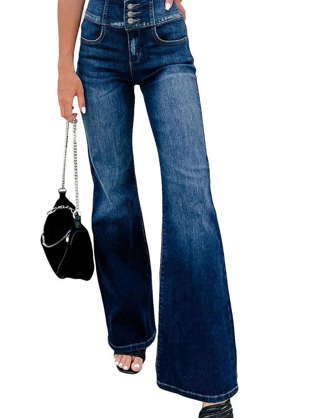 Blue Denim High-Waist Flare Jeans with Elastic Waistband