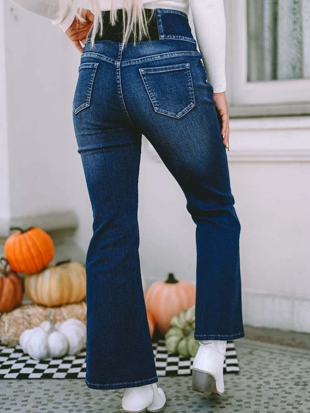 Blue Denim High-Waist Flare Jeans with Elastic Waistband