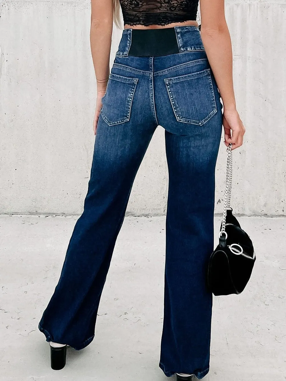 Blue Denim High-Waist Flare Jeans with Elastic Waistband