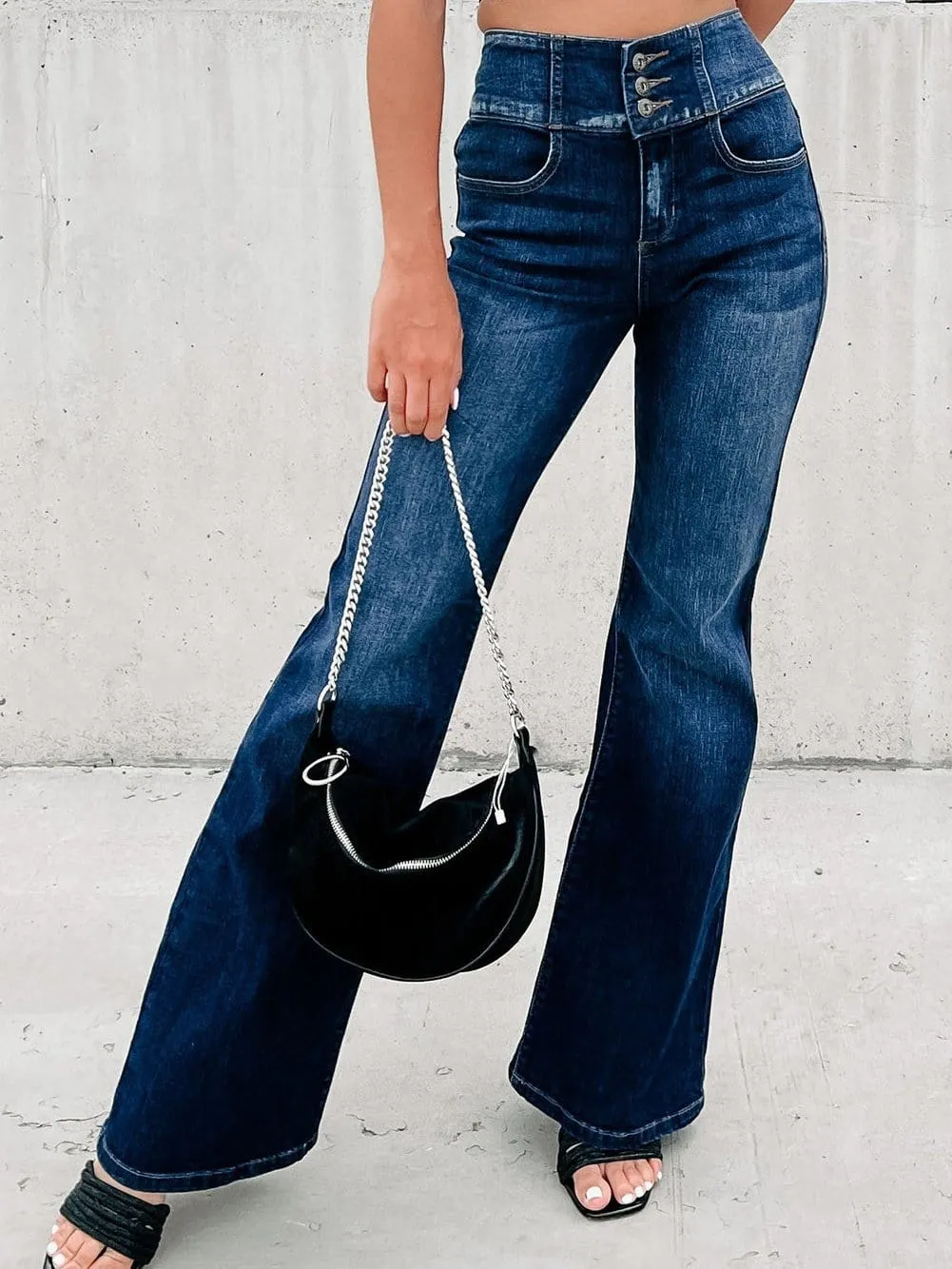 Blue Denim High-Waist Flare Jeans with Elastic Waistband