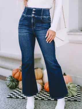 Blue Denim High-Waist Flare Jeans with Elastic Waistband
