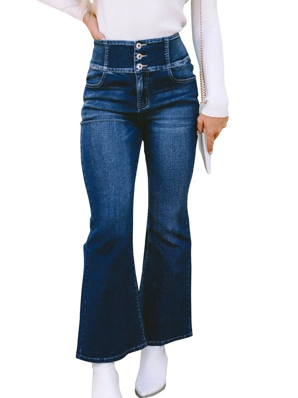 Blue Denim High-Waist Flare Jeans with Elastic Waistband