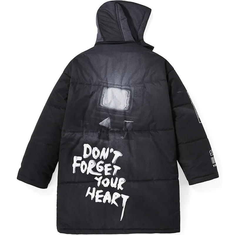 Casual Letter Print Removable Hooded Padded Coat