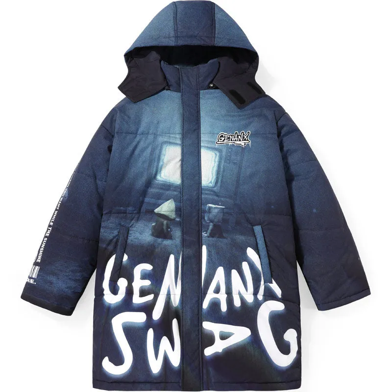 Casual Letter Print Removable Hooded Padded Coat
