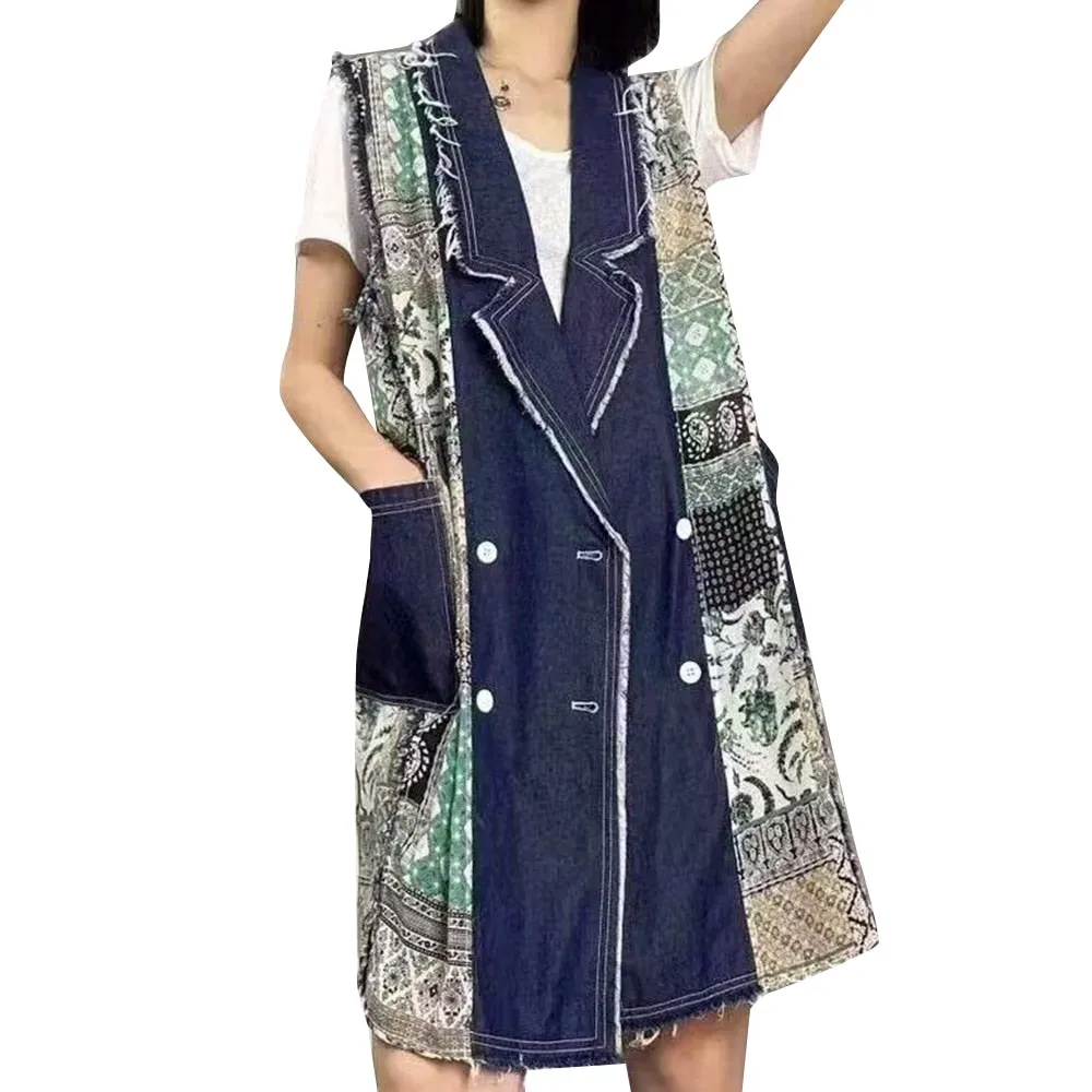 Casual Printing Waistcoats For Women Notched Collar Sleeveless Patchwork Pockets Vintage Waistcoat Female Clothing