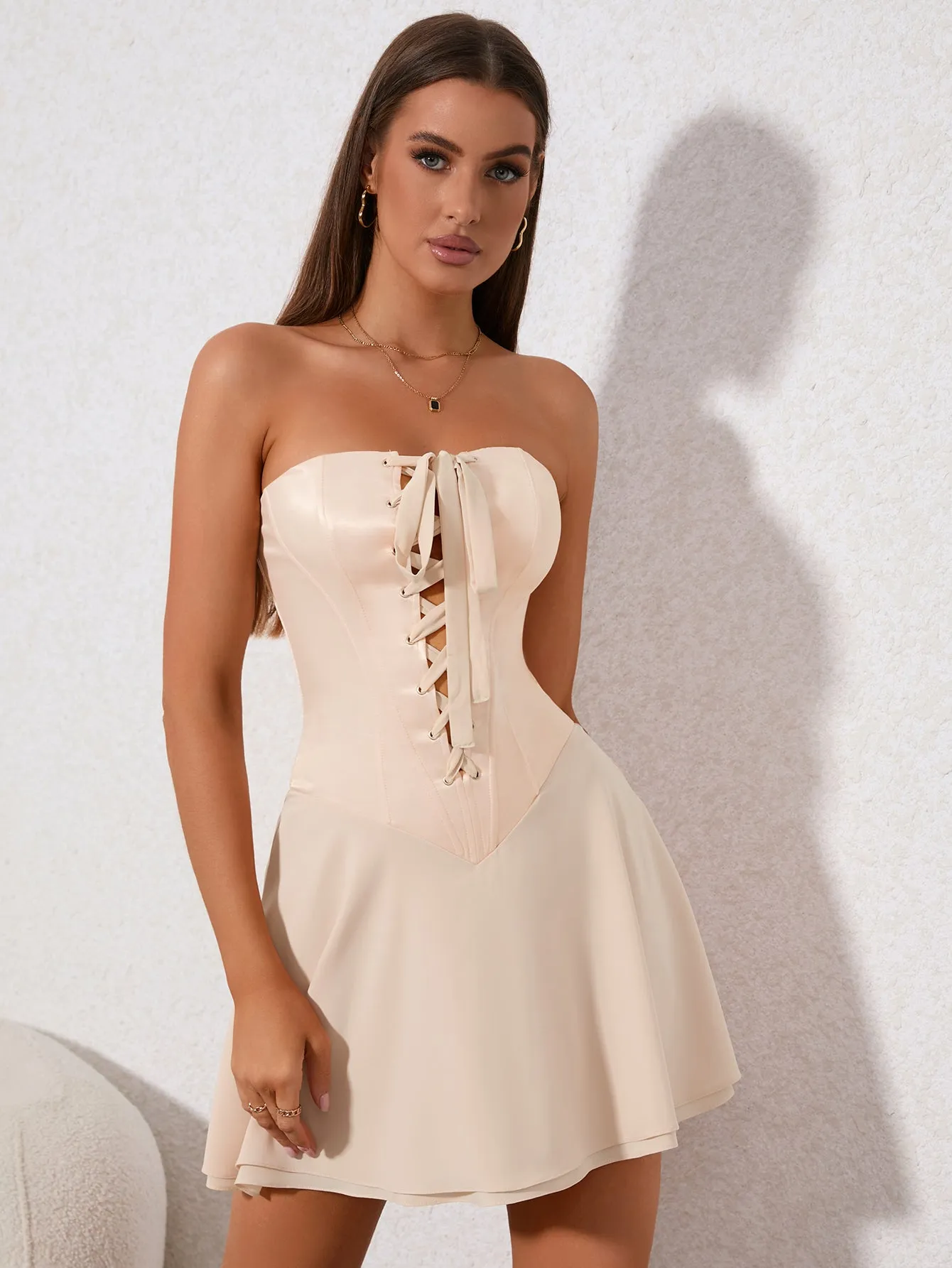 Crisscross Tie Front Corset Tube Mini Dress