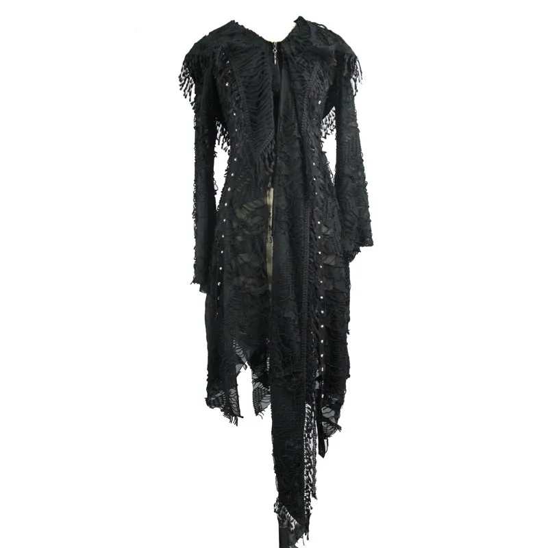 CT037 darkness ragged horn sleeve women punk long coat with cap and scarf