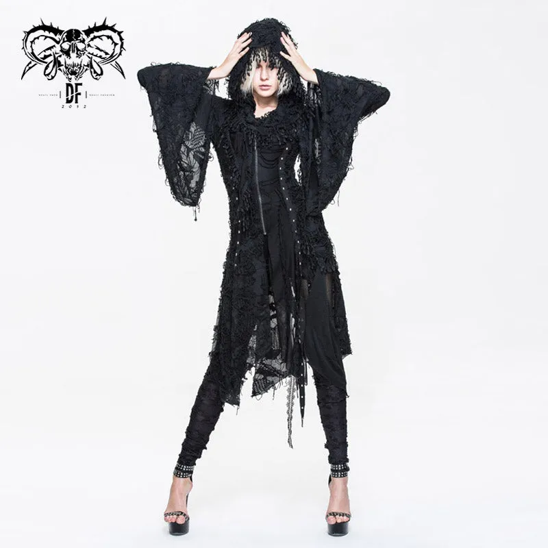 CT037 darkness ragged horn sleeve women punk long coat with cap and scarf