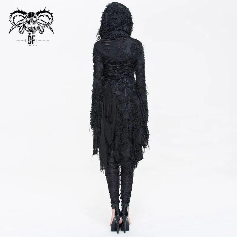 CT037 darkness ragged horn sleeve women punk long coat with cap and scarf