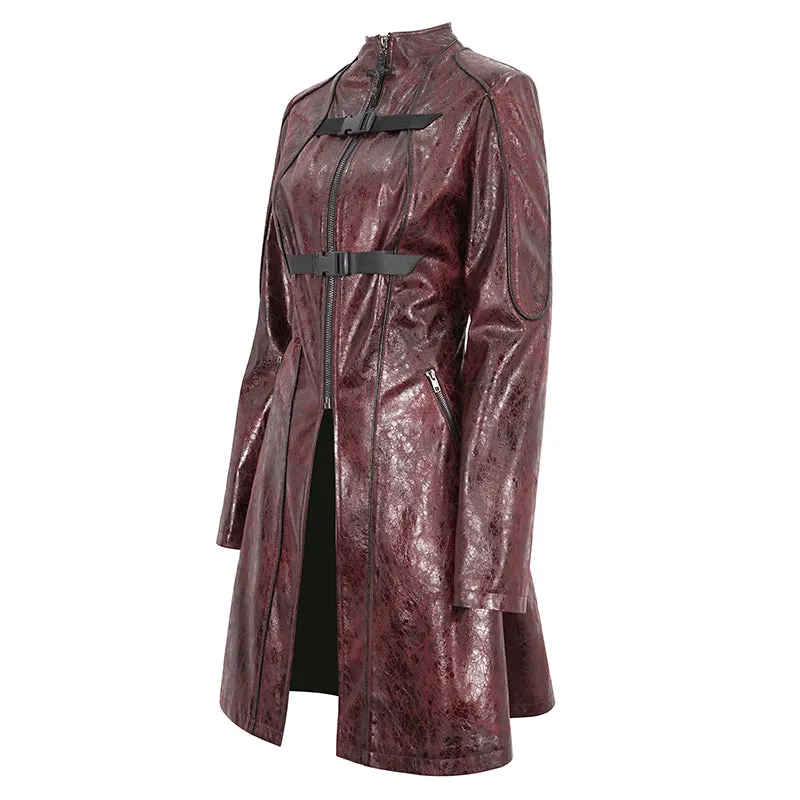 CT21302 RED Irregular rubberized faux leather contrasting stripe coat