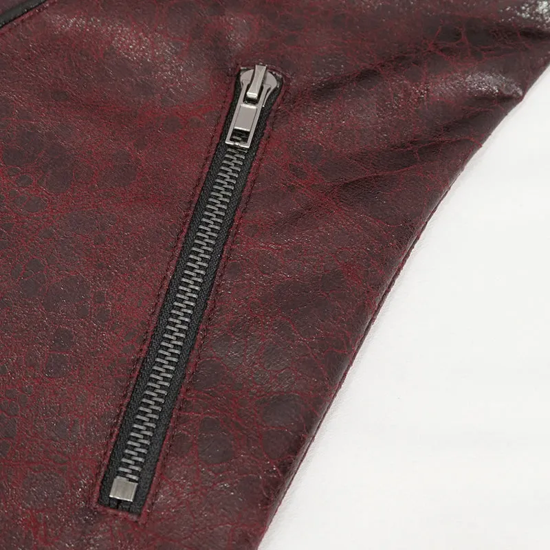 CT21302 RED Irregular rubberized faux leather contrasting stripe coat