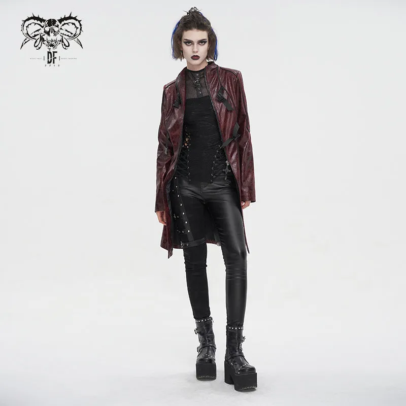 CT21302 RED Irregular rubberized faux leather contrasting stripe coat