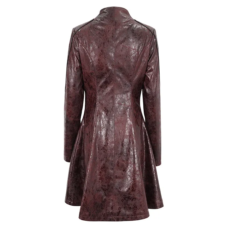 CT21302 RED Irregular rubberized faux leather contrasting stripe coat