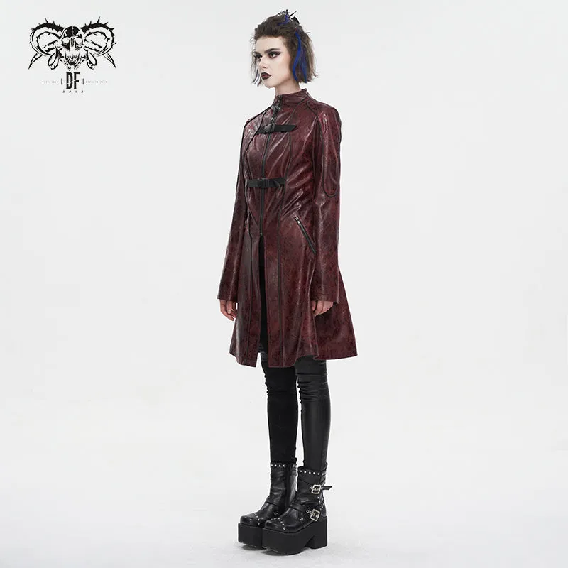CT21302 RED Irregular rubberized faux leather contrasting stripe coat