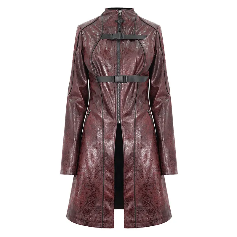 CT21302 RED Irregular rubberized faux leather contrasting stripe coat