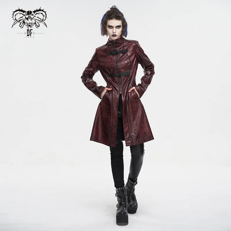 CT21302 RED Irregular rubberized faux leather contrasting stripe coat