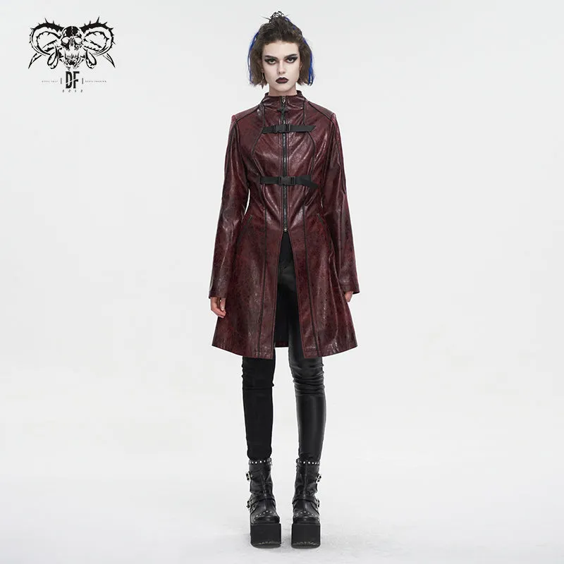 CT21302 RED Irregular rubberized faux leather contrasting stripe coat