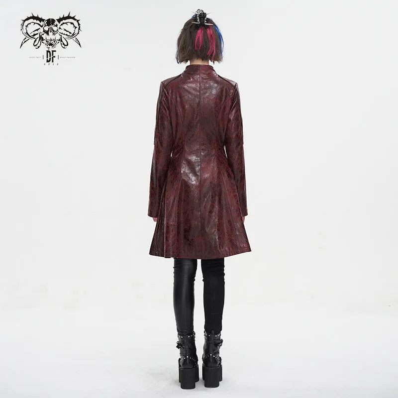 CT21302 RED Irregular rubberized faux leather contrasting stripe coat