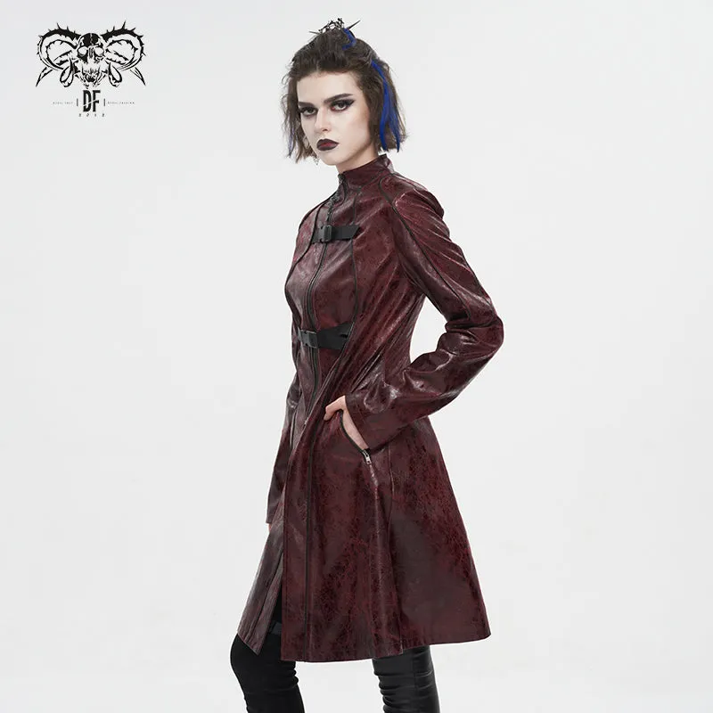 CT21302 RED Irregular rubberized faux leather contrasting stripe coat