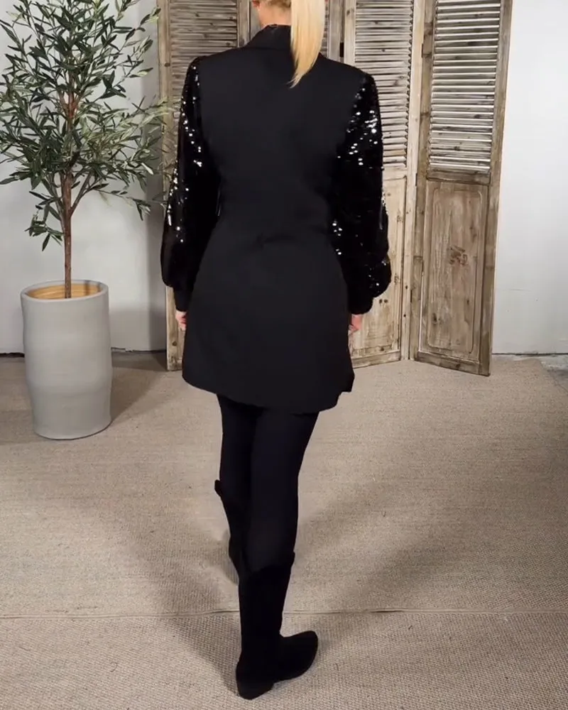 Elegant lapel sequined patchwork coat