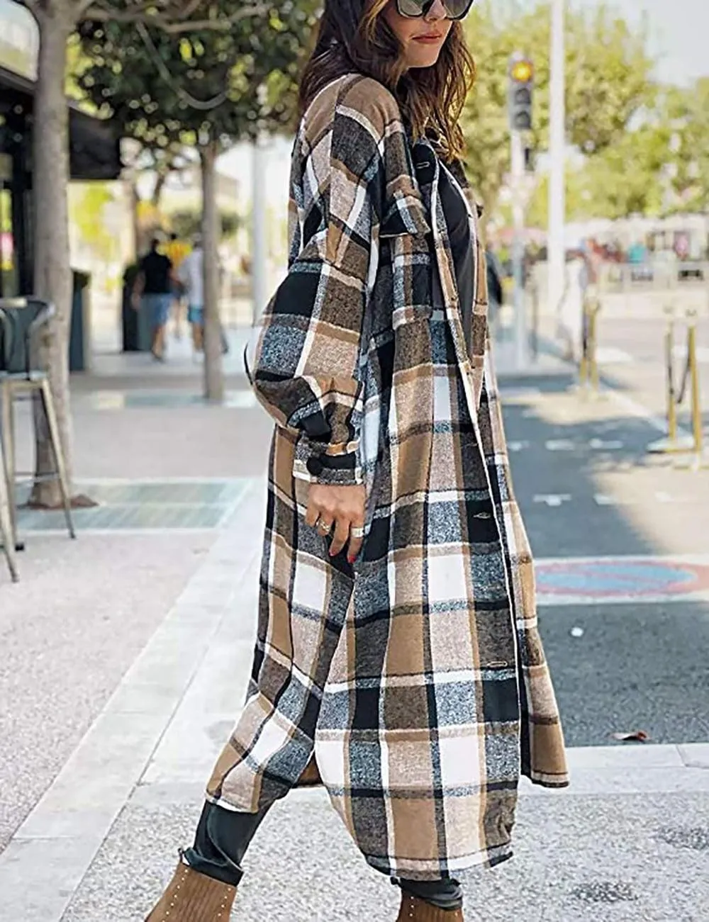 Fantaslook Flannel Shirts for Women Button Up Plaid Shirt Long Pocketed Shacket Jacket Coat