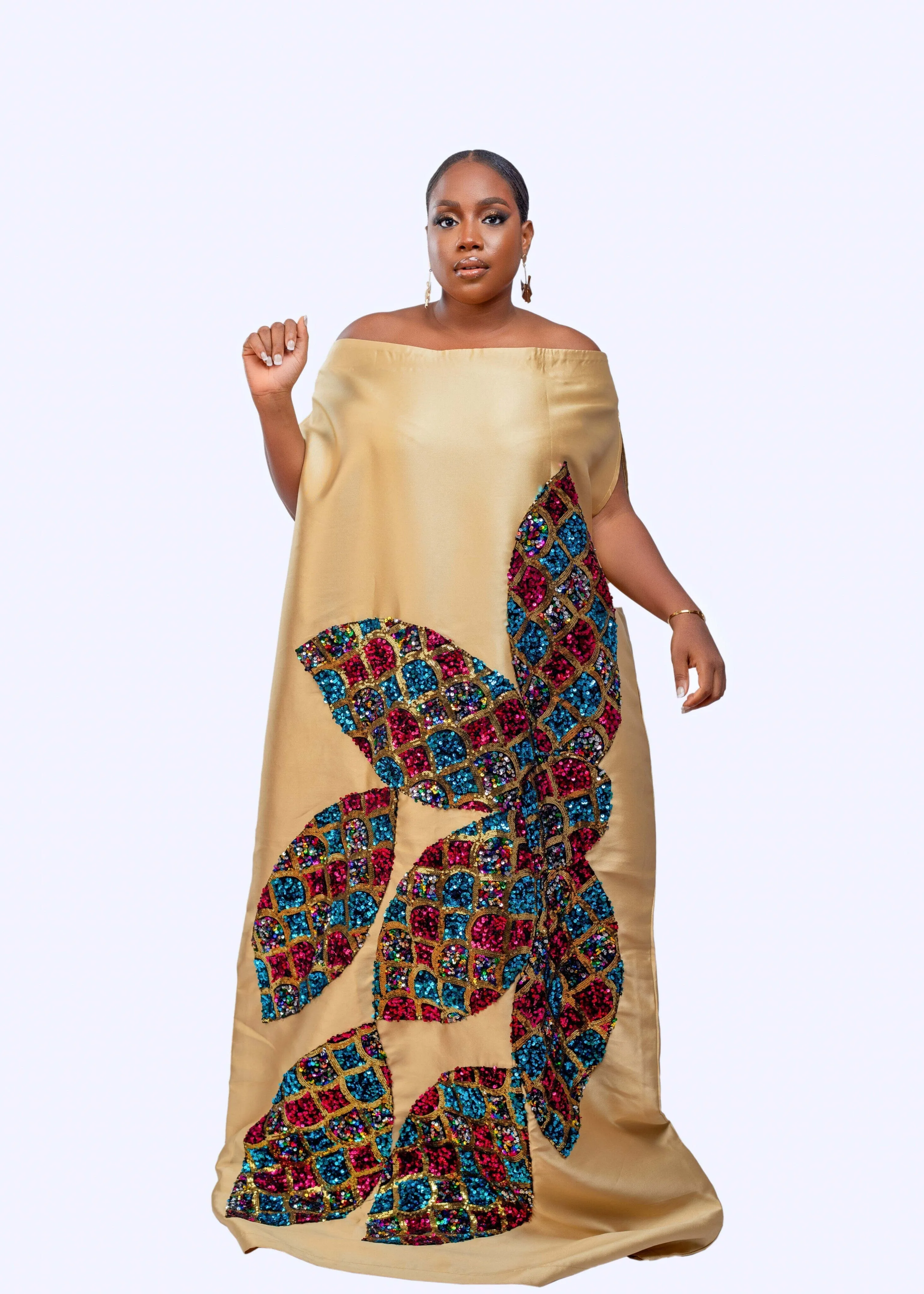 Gold Goddess Maxi African kaftan boubou mikado silk dress with multicolored sequin