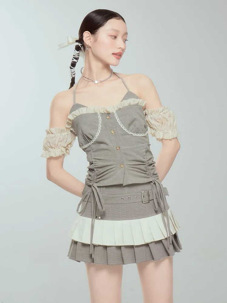 Halter Neck Suspender Top & Short Pleated Cake Skirt