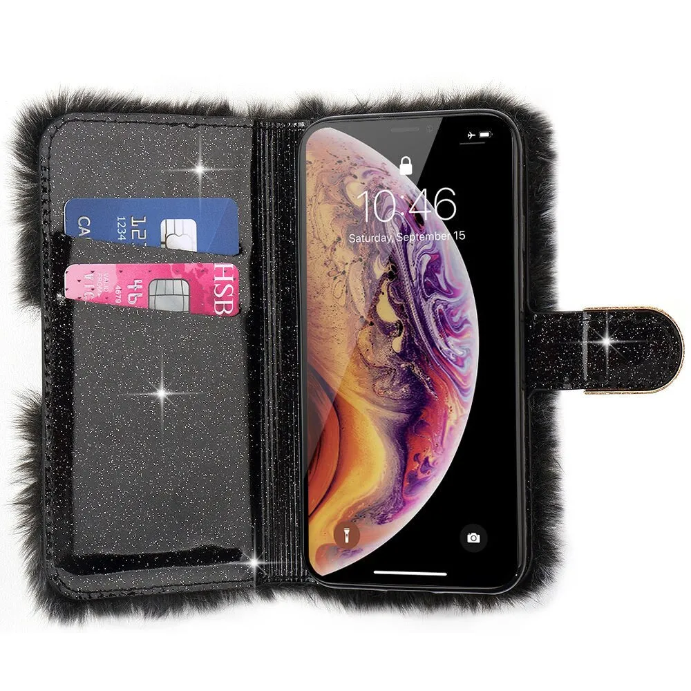 L-FADNUT Luxury Cute Fur Fluffy Wallet Phone Case For iPhone 11 Pro Max Xr X Xs Apple 6 6S Plus 7 8 5 5S SE Soft Leather Cover