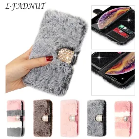 L-FADNUT Luxury Cute Fur Fluffy Wallet Phone Case For iPhone 11 Pro Max Xr X Xs Apple 6 6S Plus 7 8 5 5S SE Soft Leather Cover